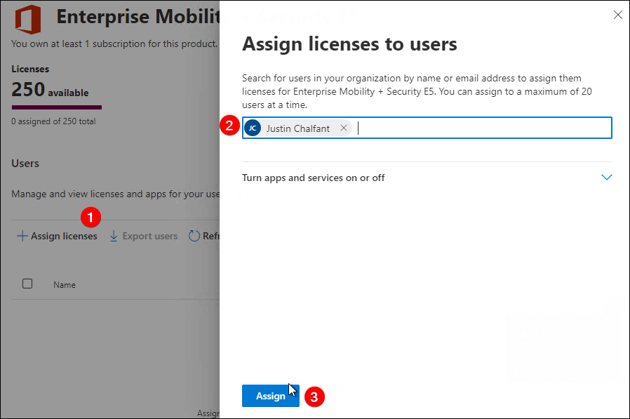 Assign license to user in Licenses page in Microsoft 365 admin center
