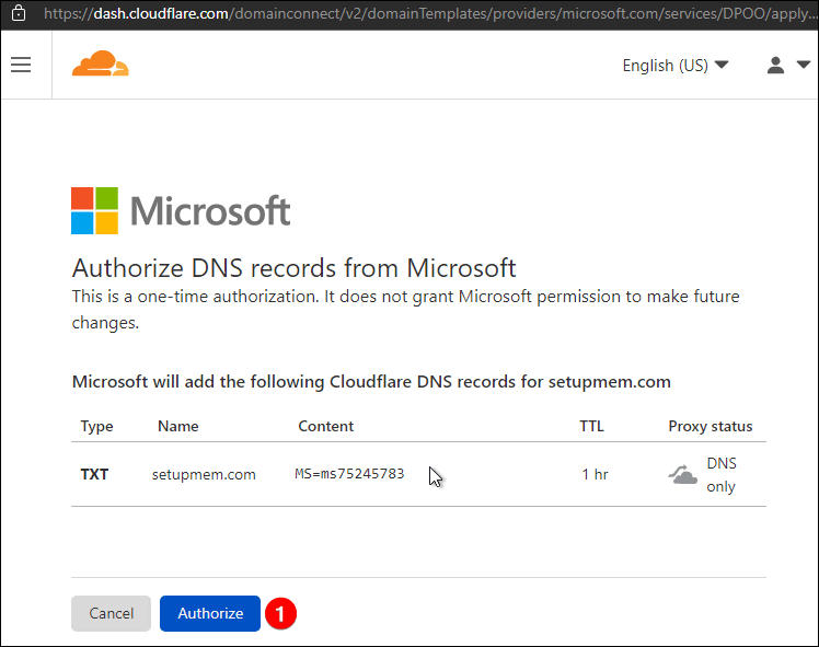 Authorize DNS records from Microsoft using Microsoft domain connect