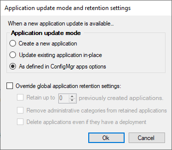 Application update mode and retention settings