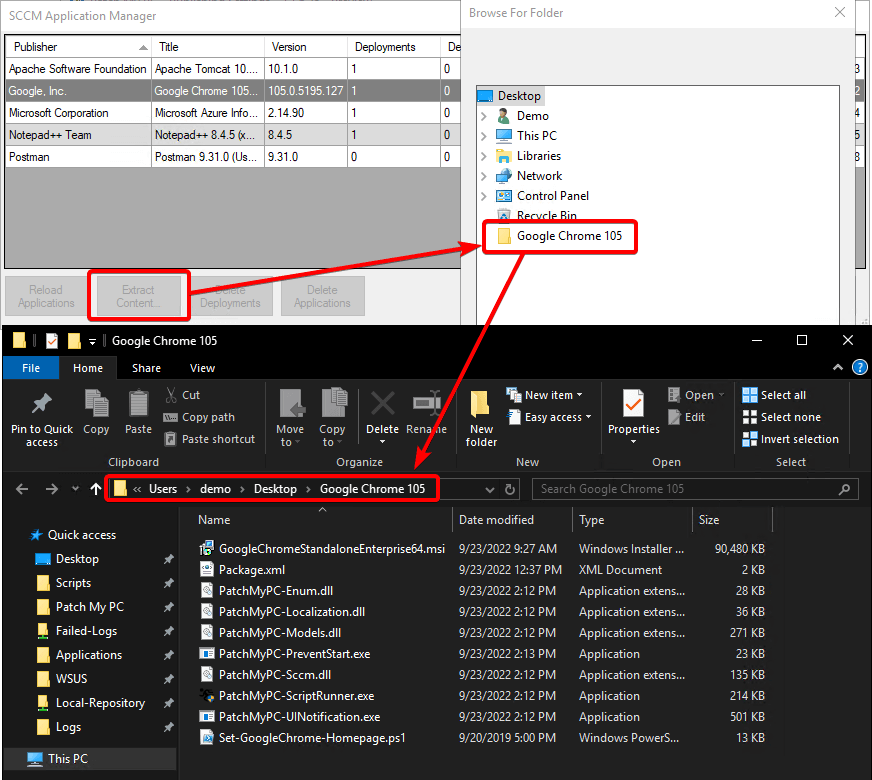 Extract Content Feature for ConfigMgr App Manager, allows content to be extracted to the specified folder. Screenshot shows the results of extracting content with arrows pointing to the general workflow.
