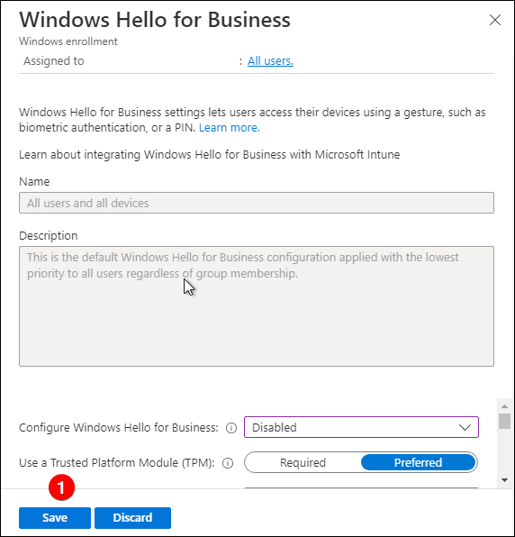 Disable Windows Hello for Business in Microsoft Intune Windows enrollment