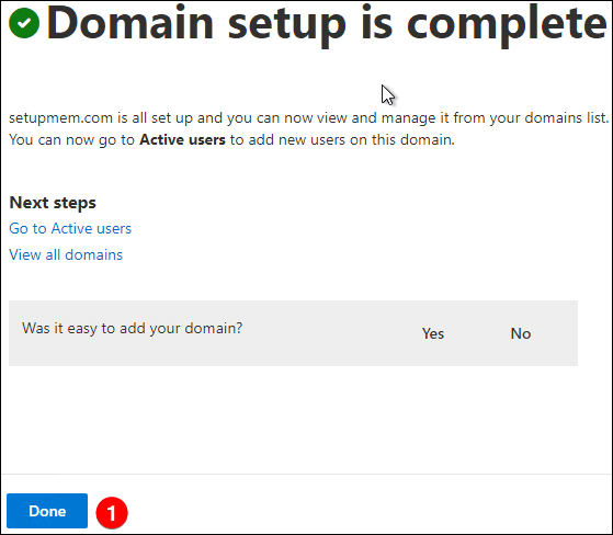 Domain setup is complete step