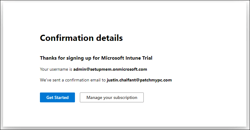 Intune Trial Setup confirmation page