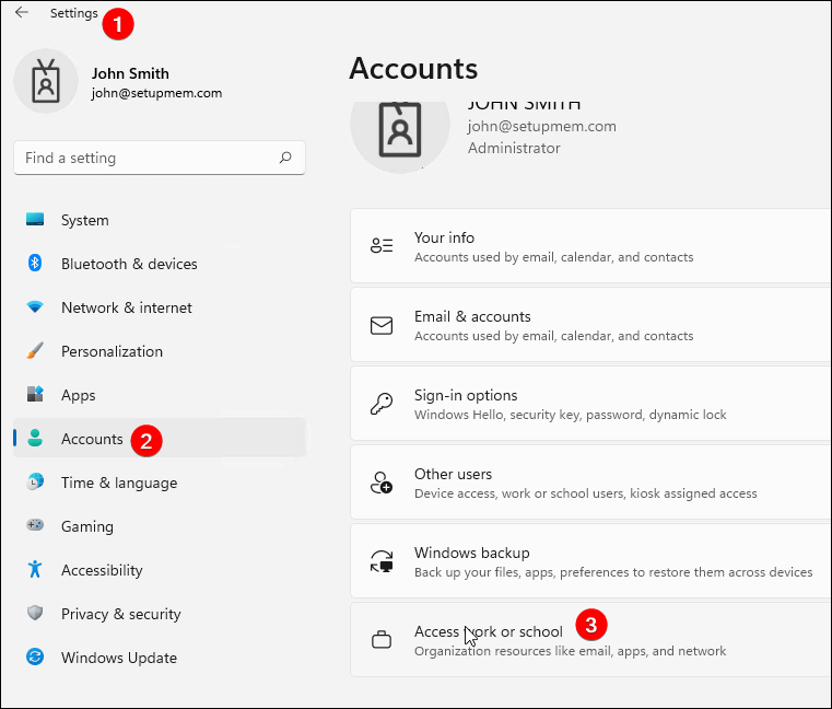 Open access work or school in Windows 11 settings