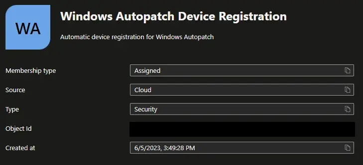 Default security group that devices need to be added to before they can register with Autopatch.