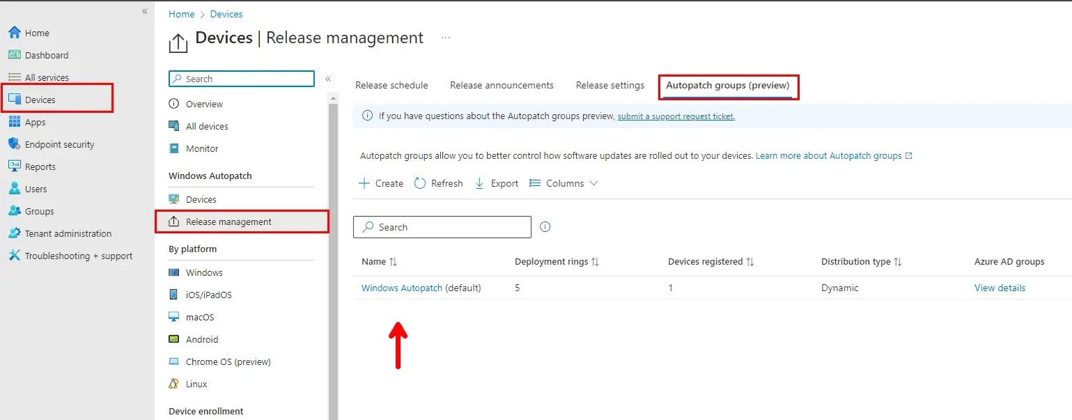 Windows Autopatch (Default) group includes 5 deployment rings where devices will be dynamically assigned.