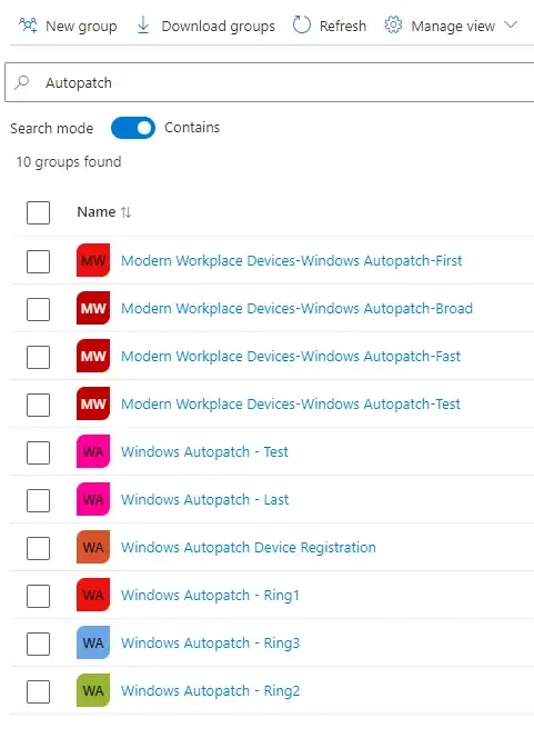 Default security groups created by the Autopatch service. These are also used for deployment rings.