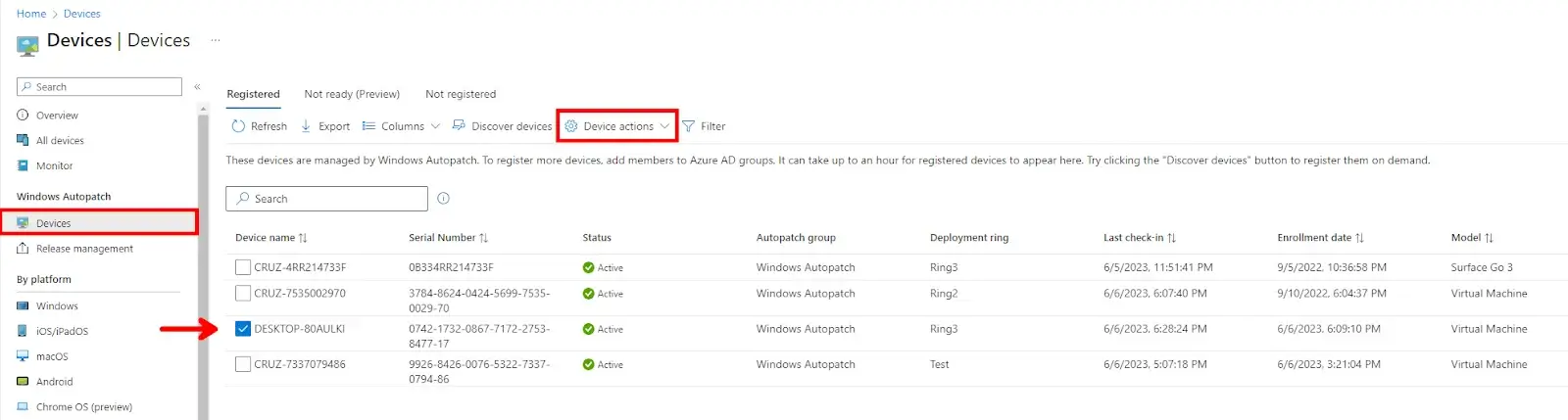 Selecting a device and choosing the device actions dropdown menu will allow you to move the device to a different deployment ring.