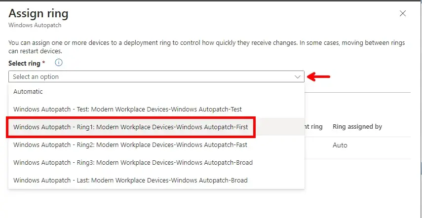 Dropdown menu showing available rings that devices can be assigned to.