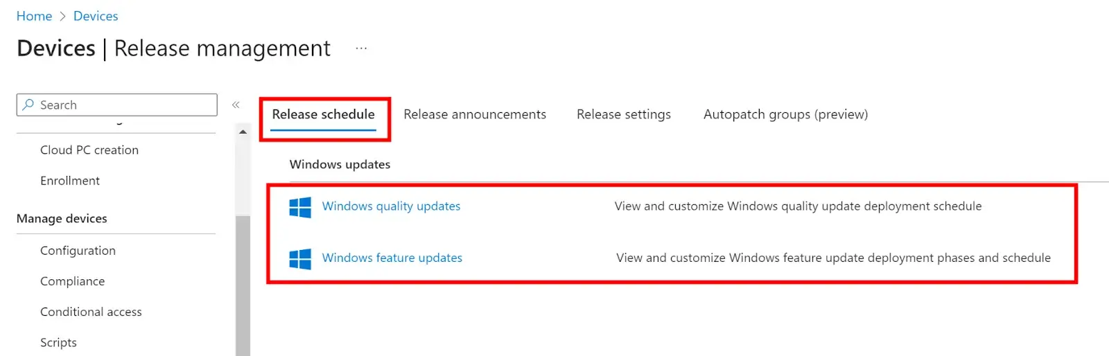 Release Schedule allows you to customize your deployment schedules for Windows Quality and Feature Updates. 