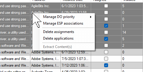 A right-click menu in the Intune App manager tool, showing the options available. Manage DO priority. Manage ESP associations. Delete assignments. Delete applications. Extract content(s).