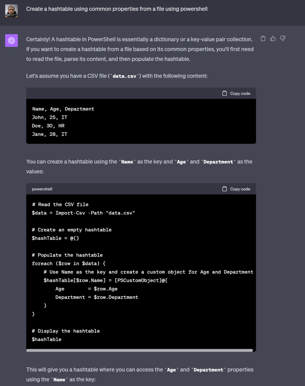 Example of asking for a hash table.