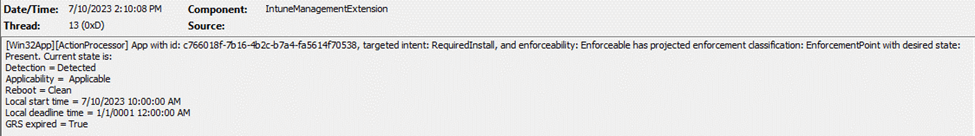 Screenshot of the Intune Management Extension log showing that the assignment is applicable immediately