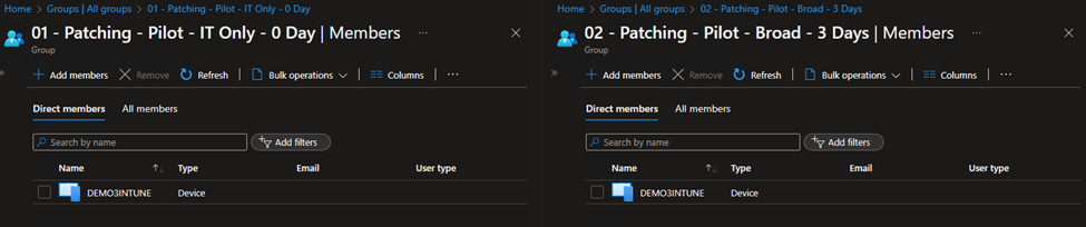 Screenshot of the group membership of 2 Azure AD groups both groups contain the same group member