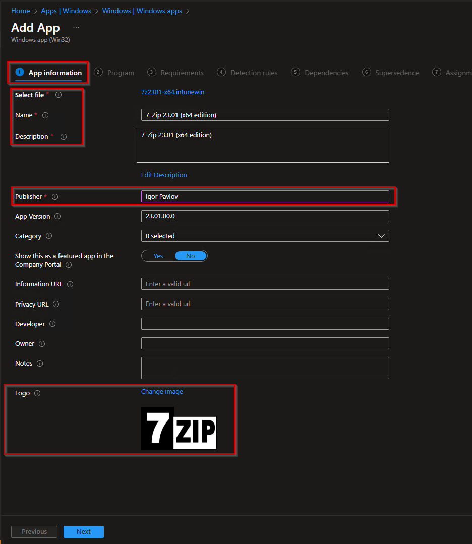 Intune: Win32 App Required Fields