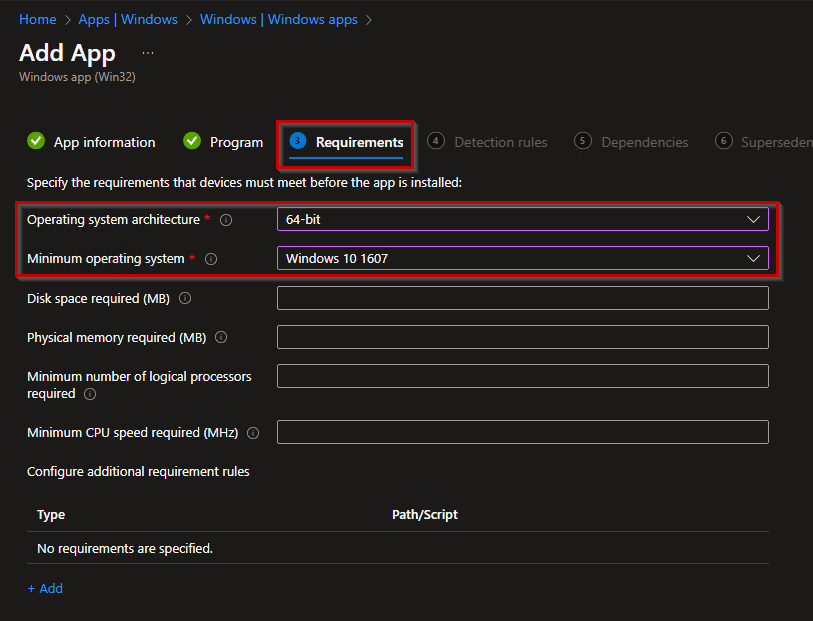 Intune: Win32 App Requirements Section Settings