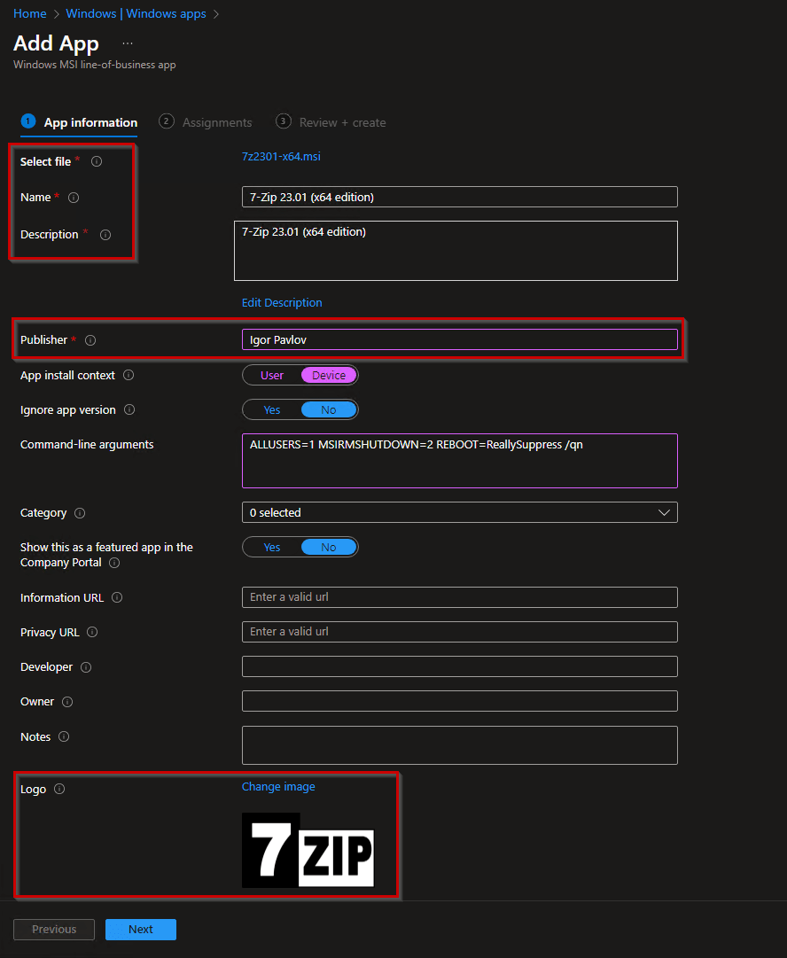 Intune: LOB App Required Fields