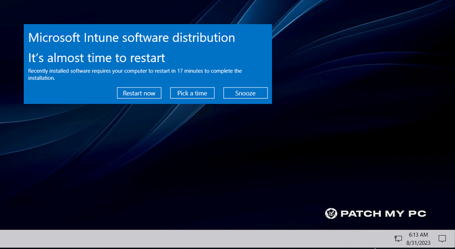 A restart notification for Microsoft Intune software distribution