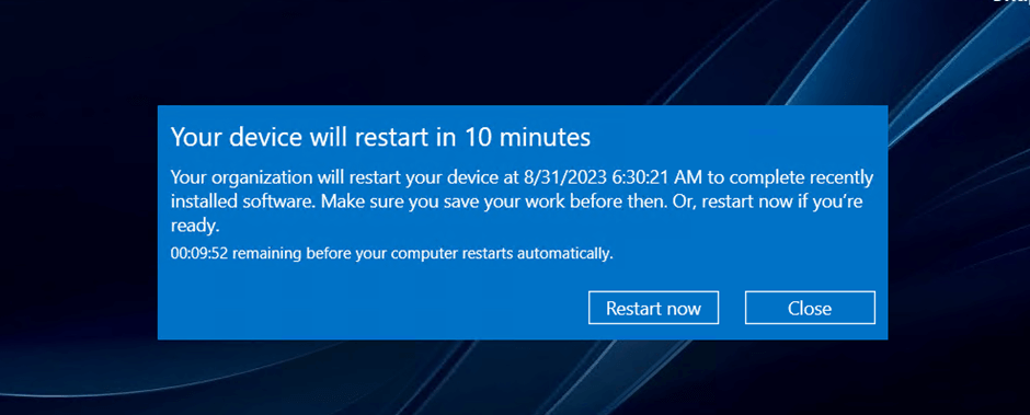 A restart notification that shows the time until your device restarts