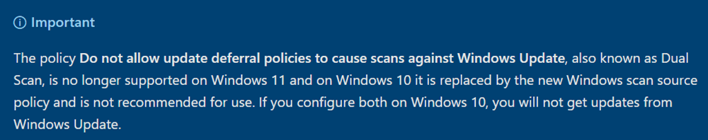 Microsoft Snippet indicating Dual Scan is not supported for Windows 11