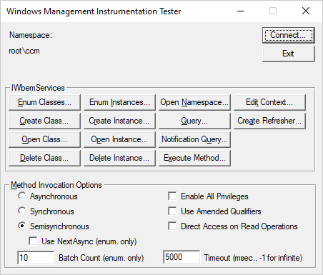 WBEMtest connected to 'rootccm' on localhost.