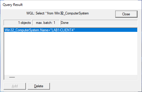 The WQL query returns 1 object.