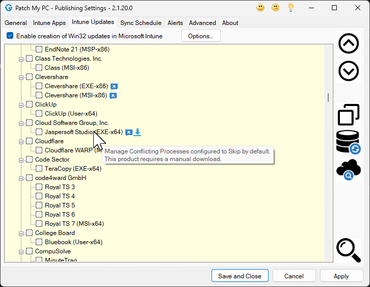 An image showing the Patch My PC Publisher product treeview with icons and tooltips indicating if a product needs a manual downoad, or Manage Conflicting Processes configured.