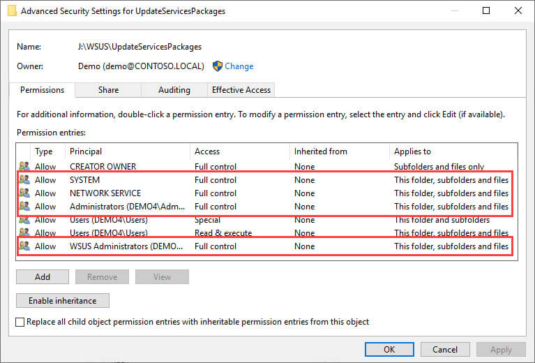 A screenshot of the NTFS permissions required for WsusContent and UpdateServicesPackages folders.