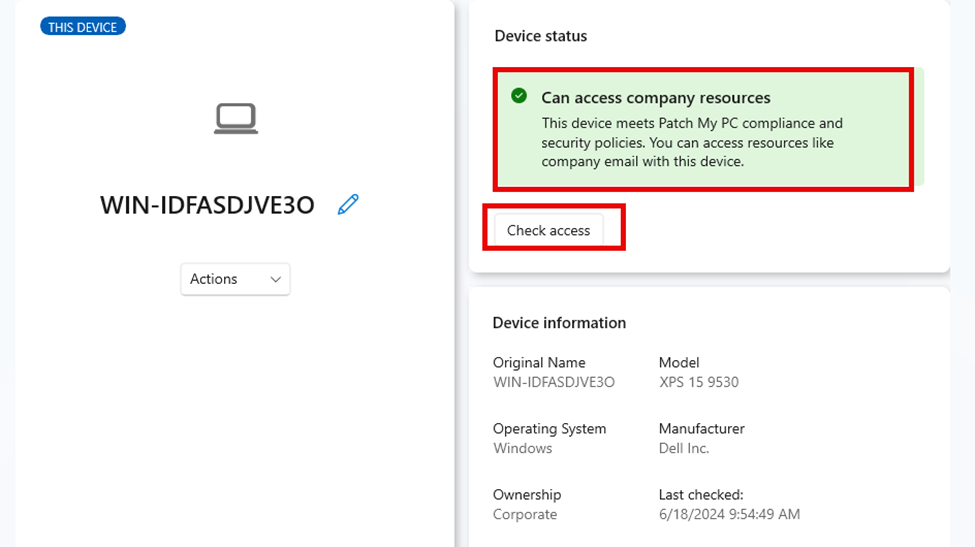 the new company portal app device status screen