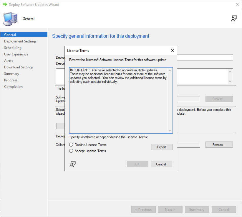 A screenshot of accepting a EULA when deploying an example Microsoft update