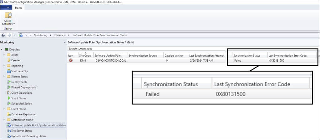 A screenshot of the "Software Update Point Synchronization Status" node in-console showing the 0x80131500 error code