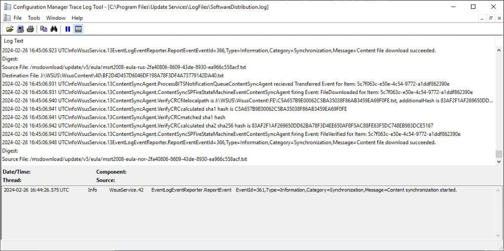 A screenshot of SoftwareDistribution.log showing the process of validating an update and redownloading the missing EULA .txt file from Microsoft CDN