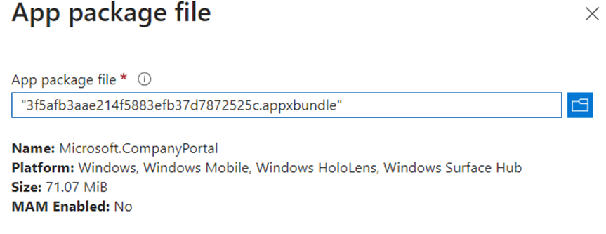 adding the app package file to intune