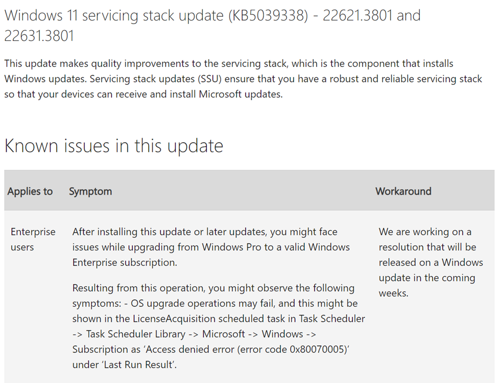 Microsoft is mentioning that there is known issues in this update which causes the subscription activation issue. The scheduled task will give the error access denied