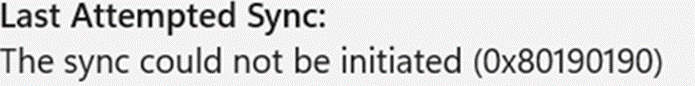Syncing the device gives us the 0x80190190 error