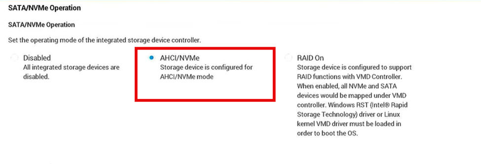 AHCI/NVMe Raid options. By default this is configured to RAID on. We could configure this to AHCI/NVME