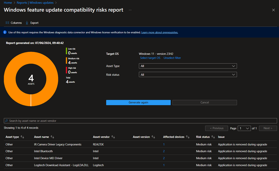 Windows feature update compatibility risks report