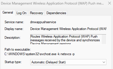 the dmwappushservice must exist on the device