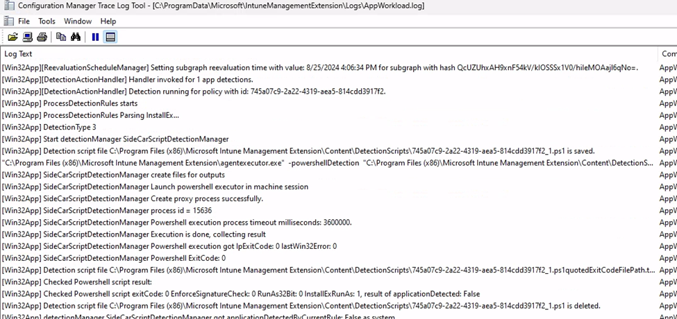 the appworkload.log showing the win32app installation progress which was previously logged in the intunemanagementextension.log