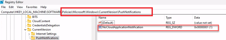 pushnotifications showing that nocloudapplicationnotification is configured to 1