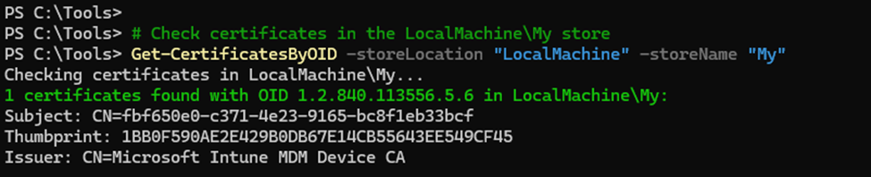 Finding the certificates with the OID 1.2.840.113556.5.6 with PowerShell. Good to know is that the client cert checker scheduled task does the same thing