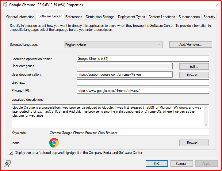 Application properties window showing 'Display as a featured application in Software Center and the Company Portal' option is checked.