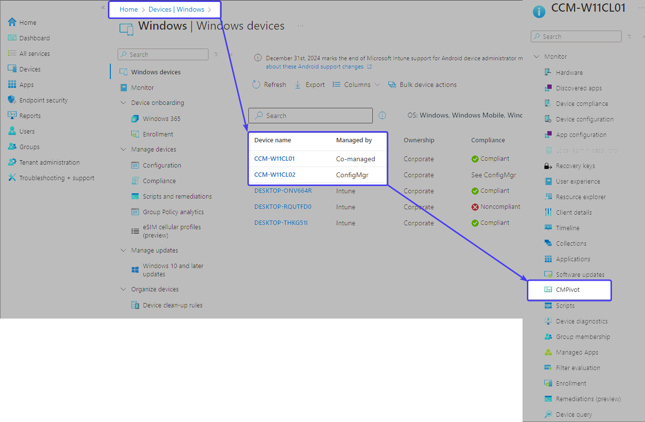 How to run a query on a co-managed device with cmpivot