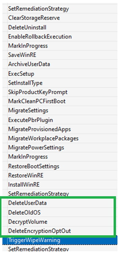 The Intune remote Wipe Process showing the deleteoldos and deleteuserdata steps