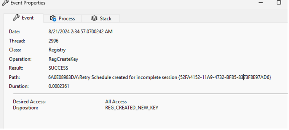 we will notice that procmon also mentions the retry schedule for incomplete session getting created