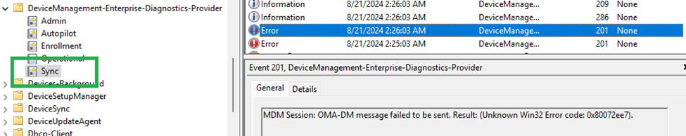 the dns error will be logged with the 0x80072ee7 error in the new Sync event log which showed up in the devicemanagement-enterprise-diagnostics-provider event log