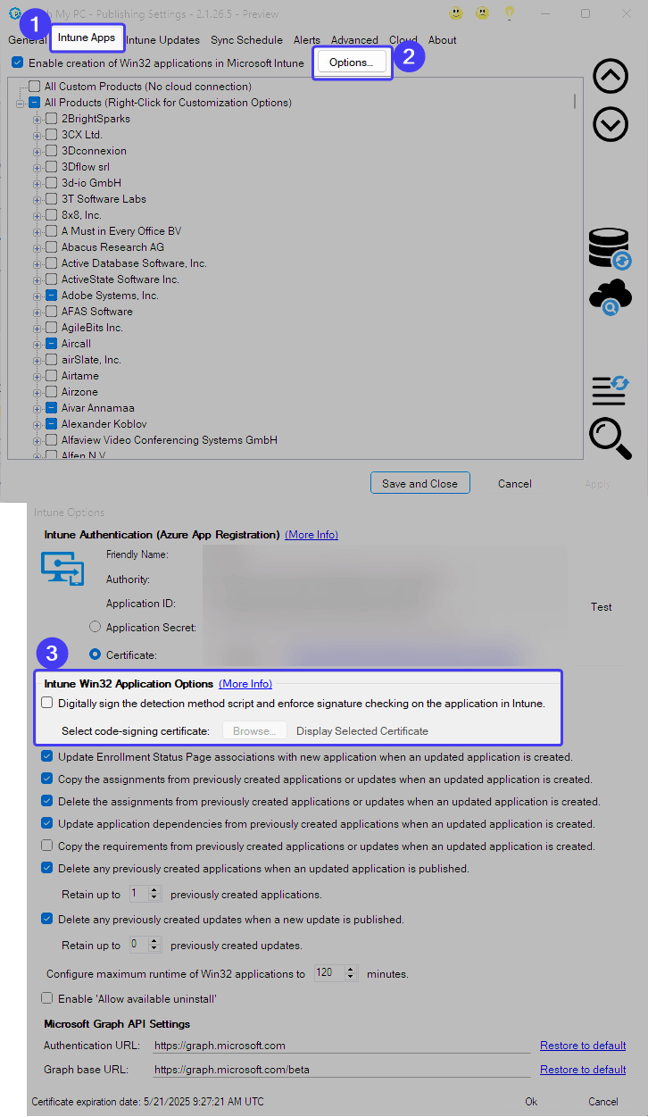 Step by step guide to configure a code-signing certificate in the PMPC console, to digitally sign the detection scripts.