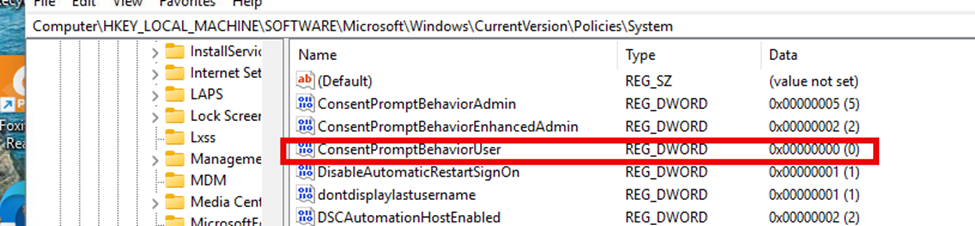 opening the windows registry and trying to determine if the uac setting: consentpromptbehavioruser was configured