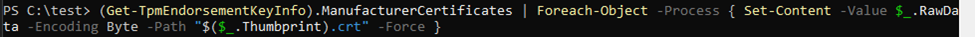 running the  get-tpmendorsementkeyinfo command to fetch the EK Certificate