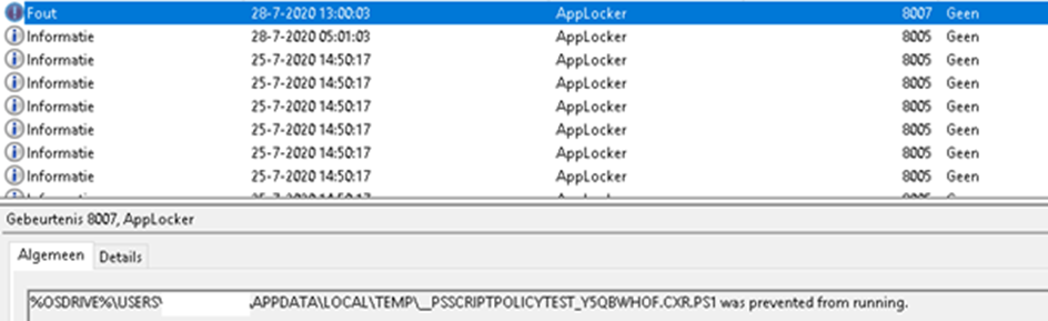 During startup, PowerShell checks the AppLocker policy using temporary PSScriptPolicyTest*.ps1 and PSScriptPolicyTest*.psm1 files to determine the correct language mode.When the ps1 is blocked we will notice the event 8007 in the event log